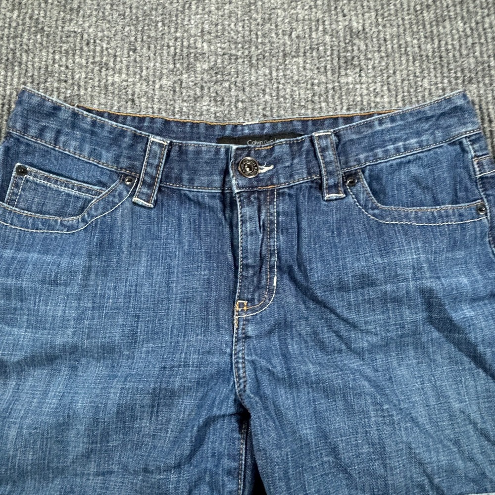 Calvin Klein Jeans Denim Shorts Women 12 Blue Cuffed Mid Wash Embroidered Pocket